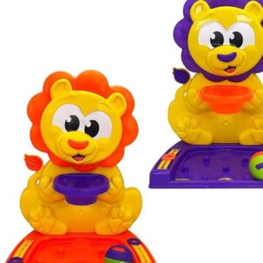 Imagem de Cesta de Infantil com Marcador de Pontos, Design de Leão, Amarelo com Laranja/Roxo, Polipropileno, 35x26x19cm, Inclui Bola com Som