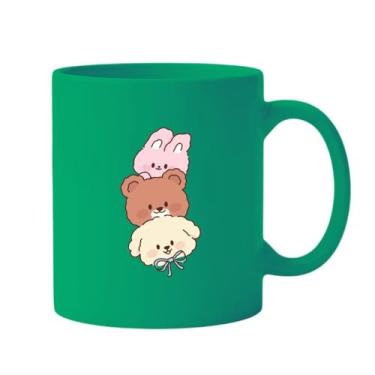 Imagem de Caneca de Cerâmica Branca com Estampa Fofa de Animais Empilhados, Design Kawaii de Coelho, Urso e Cachorro (2, Verde, Pequeno)