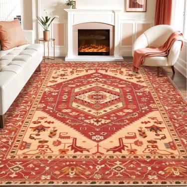 Imagem de SERISSA Tapetes de área de 20 x 25 cm, vermelho, bege, lavável, grande, boho para sala de estar, ultramacio, antiderrapante, para quarto, estampado, vintage, tribal, casa de fazenda, para sala de