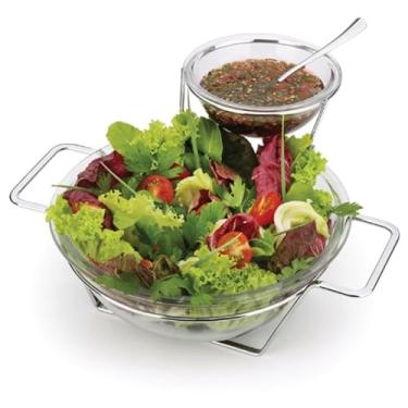 Imagem de Saladeira de Vidro Forma, 3 Litros, com Suporte Inox, com ou sem Molheira e Colher Inox (Saladeira com molheira e colher inox)