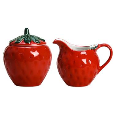 Imagem de CHOOLD Conjunto de creme de cerâmica em forma de morango e açucareiro, jarra de creme, tigela de açúcar com tampa, conjunto de servir café