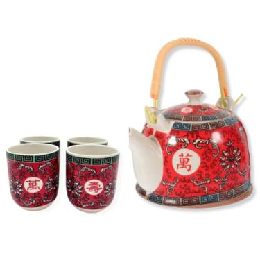 Imagem de Jogo de Chá com Bule de Porcelana 900ml com Infusor e 4 Copos 150ml | Kit Café Tokyo 30a(Vermelha Florida)