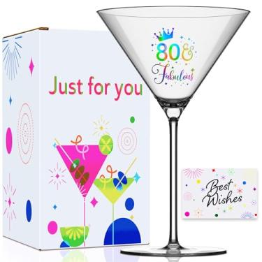 Imagem de GALOFAY Presentes de copos de martini de 80º aniversário, conjunto de copos de coquetel com estampa colorida personalizada '80 Fablous' para mulheres, pacote de presente com vidro grande e cartão para