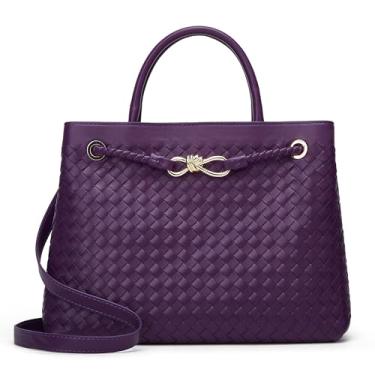 Imagem de BOYATU Bolsa feminina tecida: bolsas de ombro de couro vegano - sacolas modernas de praia de verão - bolsas grandes de viagem bolsa tecida à mão para férias (roxa)