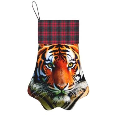 Imagem de SKKNT Meias de Natal com estampa laranja listras de tigre animais de estimação decoração de natal cães gatos árvore decoração doce presente conveniente