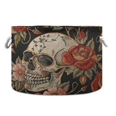 Imagem de JUZIHAI Cesta redonda dobrável de caveira rosa, cesto de roupa suja para bebês de 50 x 35 cm com alças de corda de algodão para cobertores, brinquedos, decoração de quarto de berçário