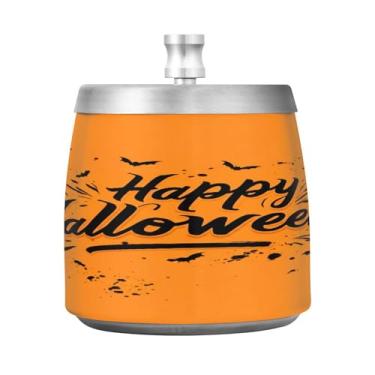 Imagem de Qilmy Cinzeiro de aço inoxidável Happy Halloween com tampa - Cinzeiro de cigarro à prova de vento sem cheiro sem fumaça para casa, escritório, carro, pátio, varanda (uso interno e externo)
