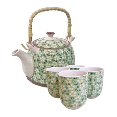 Imagem de Bule de Chá em Porcelana com Infusor e Alça de Madeira + 4 Copos 150ml – Jogo de Chá Floral Decorativo(Floral Verde)