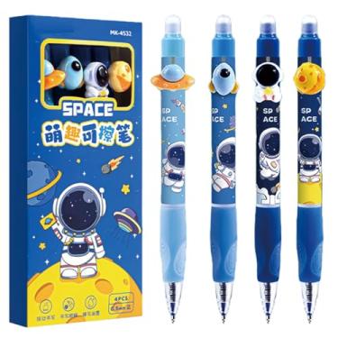 Imagem de MOZXIRZ 4 canetas de gel apagáveis fofas canetas retráteis com desenho animado espacial de 0,5 mm, ponta fina, tinta azul, caneta de escrita suave para mulheres, meninas, meninos, material escolar