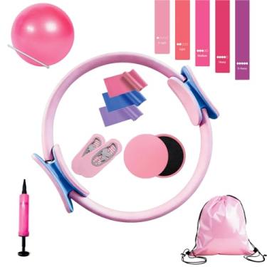 Imagem de Kit de pilates em casa para mulheres - Equipamento de anel de Pilates com alças acolchoadas, bola de ioga de 25 cm, faixas de bumbum, disco deslizante, faixas de resistência, meias de Pilates, alça de