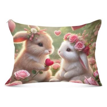 Imagem de Fronha decorativa de flanela romântica de coelho rosa amor para travesseiro padrão Queen King capa de almofada com estampa animal confortável roupa de cama macia, tamanho Queen, 50,8 cm x 76,2 cm