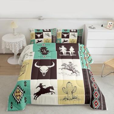 Imagem de Feelyou Conjunto de edredom ocidental casal, asteca do sudoeste, para crianças, meninos, meninas, rústica, caubói, cavalo, edredom vintage, decoração de quarto de touro, caveira, microfibra com 2