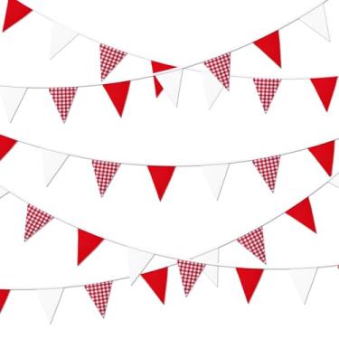 Imagem de Faixa de galhardete de xadrez de búfalo vermelho e branco de 9,8 m, 36 peças de tecido, bandeira triangular, guirlanda de algodão para casamento, aniversário, chá de bebê, 4 de julho, decoração de
