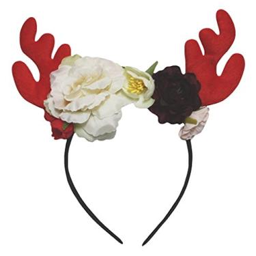 Imagem de Petitebella Tiara de rena com chifres de rosas elegantes para crianças (vermelha, tamanho único)