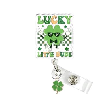 Imagem de Carretel de crachá fofo do Dia de São Patrício, suporte de crachá Lucky Little Dude, carretel retrátil de crachá trevo verde com clipe jacaré, suporte de etiqueta de identificação de trevo presente