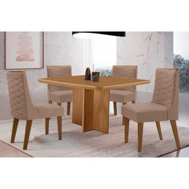 Imagem de Sala Jantar Mesa Berlim Tampo Curvo 90cm+4 Cadeiras Dafne Madeira Naturale - Capuccino/Suede Capuccino - Rufato