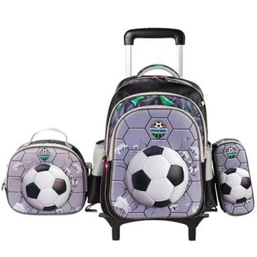 Imagem de Mochila escolar de rodinhas com LED, kit 3 peças com mochila. lancheira forrada e estojo, para meninos e meninas de 6 a 12 anos (BOLA)