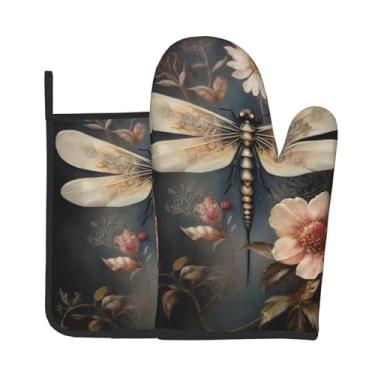 Imagem de Conjunto de 2 peças de luvas de forno com estampa de libélula em peônia, adequado para cozinhar, assar e grelhar ao ar livre