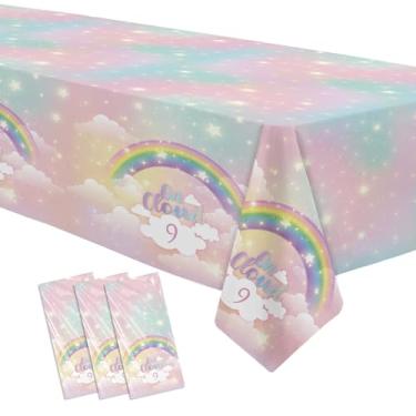 Imagem de FVABO Decorações de toalha de mesa de aniversário de 9 anos de arco-íris pastel para meninas, 3 peças descartáveis We're On Cloud Nine 9º aniversário, 139,7 x 218,4 cm