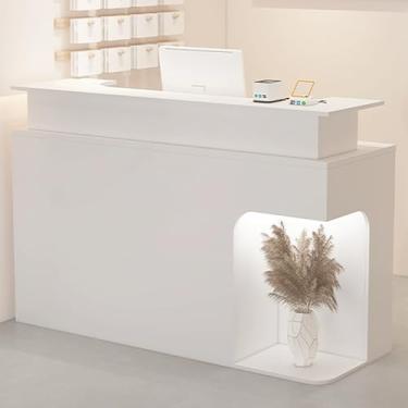 Imagem de Mesa de recepção moderna com balcão, recepção elegante com gaveta e armário de armazenamento, balcão de caixa contemporâneo com armazenamento aberto, ideal para uso em loja ou escritório (branco, 130