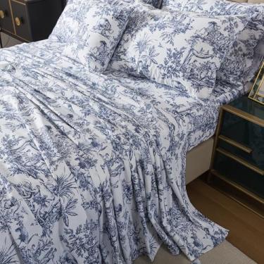 Imagem de FADFAY Jogo de lençol Queen clássico azul e branco 100% algodão egípcio campestre francês Toile de Jouy Pastoral Scenic Farmhouse Lençóis de bolso profundo respirável macio para todas as estações 4