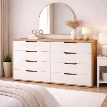 Imagem de Cômoda para Quarto 8 Gavetas 150cm X 84cm Madri Creme/Freijó