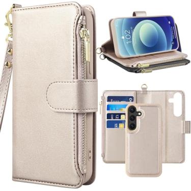 Imagem de Kitzomi Capa carteira para Samsung Galaxy A15 5G com capa magnética destacável e compartimentos para cartão de crédito com bloqueio de RFID, proteção de couro PU premium e bolso com zíper para Galaxy