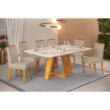 Imagem de Conjunto: Mesa de Cozinha Celeste c/ Tampo Madeirado c/ Vidro Retangular 160x90cm e 6 Cadeiras Julia Cedro/Off White - Suede Kraft - DJ Móveis