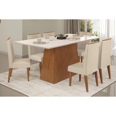 Imagem de Conjunto: Mesa Sala Jantar Dulce c/ Tampo Madeirado c/ Vidro Reto 180x90cm e 6 Cadeiras Lia Freijo/Off White - Linho Neve DJ Móveis
