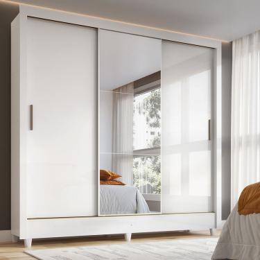 Imagem de Guarda Roupa Casal França 3 Portas de Correr 2 Gavetas MDP-MDF com Espelho Branco Santo...