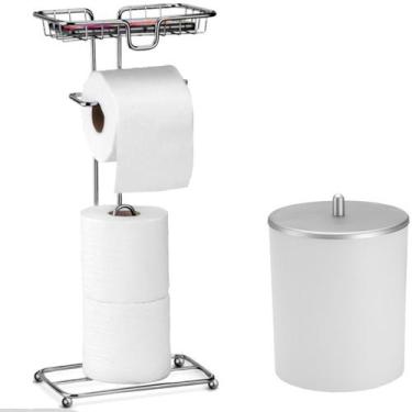 Imagem de Kit Porta Papel Higiênico Lixeira Lavabo Banheiro Branco Prateado Luxo