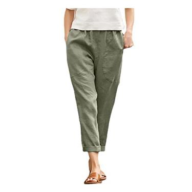 Imagem de Dawwoti Calça feminina casual de linho, calça de algodão macia com cintura elástica com bolsos, calça para, Verde militar, M