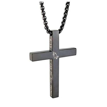 Imagem de Colar de cruz Chooice, colar de aço inoxidável, religioso, versículo bíblico, pingente, crucifixo, colar de fé, joia com corrente de 55,88 cm Preto