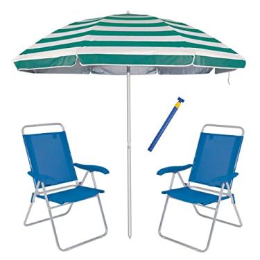 Imagem de Kit 2 Cadeira Boreal Reclinável 4 Pos Alum + Guarda Sol 2,6m Alum + Saca Areia - Mor - Azul