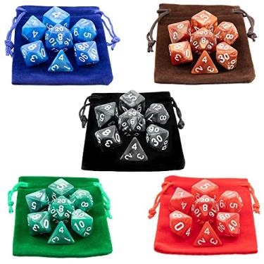 Imagem de Kit 35 Dados RPG de Mesa Opaco Perolado Conjunto D4 D6 D8 D10 D10% D12 D20 + 5 Bolsas COLORIDAS