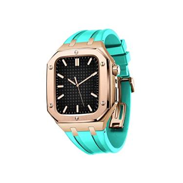 Imagem de NDJQY Caixa inoxidável+pulseiras para Apple Watch Series 7/6/SE/5/4, 45mm 44mm pulseira de silicone caixa de metal para homens mulheres relógio mod kit acessórios (cor: rosa lago azul,