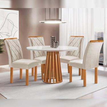 Imagem de Conjunto Mesa Tampo Redondo Plus Vidro Kansas 100cm 4 Cadeiras Arthus Cinamomo/Off White/Suede Bege