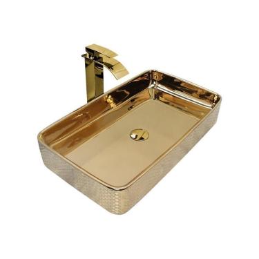 Imagem de Kit Cuba Pia Louça Cerâmica Banheiro C/Torn E Vál Dourada 79