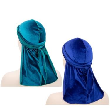 Imagem de Boné unissex de lã coral Durag, 2 peças, elegante, ajustável, respirável, turbante, Azul escuro e azul, Tamanho Único