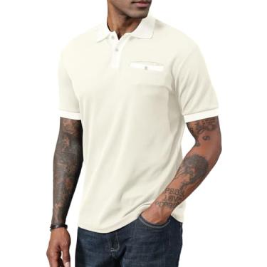 Imagem de Camisa polo masculina manga curta golfe casual gola polo vintage piquê camisas com bolso, Bege, 3G