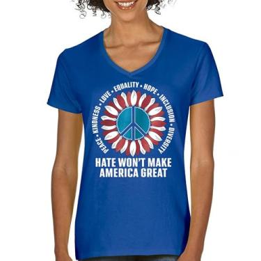 Imagem de Camiseta feminina Hate Won't Make America Great gola V Peace Kindness Love Equality Hope Inclusion Diversity Peace Sign Tee, Azul, XGG