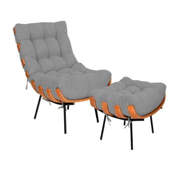 Imagem de Poltrona e Puff Costela Base Metálica Fixa no Linho - Vallisa Decor