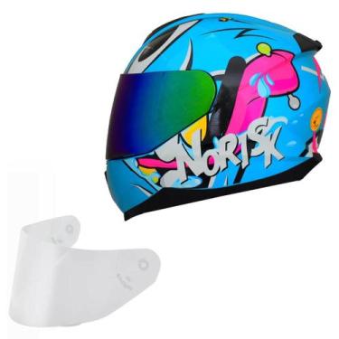 Imagem de Capacete Feminino Norisk Razor Mad Azul  Viseira Camaleão, Azul Brilho