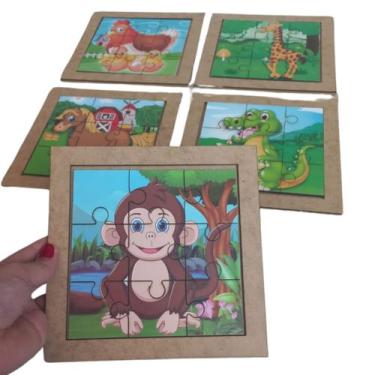 Imagem de Kit 5 Jogos de Quebra Cabeça Animais MDF 9 Peças cada - Zaramela