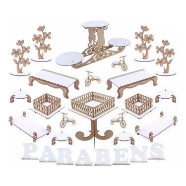 Imagem de Kit Festa Mdf Branco - Suporte Triplo De Doces - 28 Peças - Maxdecor D