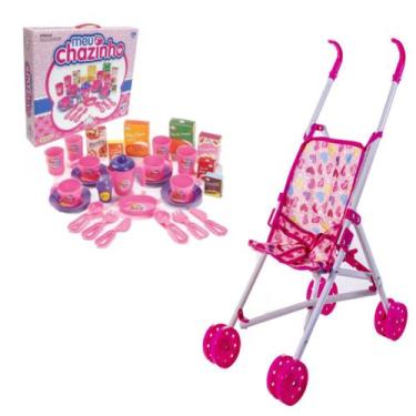 Imagem de Kit Acessórios P/ Boneca Chazinho C/ Xicaras e Carrinho Rosa - DM Toys