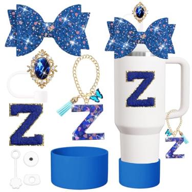 Imagem de Conjunto de acessórios para copos Stanley de 8 peças, incluindo tampa e bota de cobertura de canudo de silicone, tampa à prova de derramamento, pingente de alça, adesivo Lette (azul escuro Z)