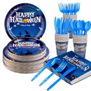 Imagem de R.Lornez's Conjunto de pratos descartáveis de papel de Halloween, 175 peças, decorações de festa de Halloween, guardanapos, garfos, colheres, facas, copos