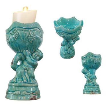 Imagem de Castiçal De Cerâmica Porta Velas Verde Decorativo 22 X 13 - Vacheron, 