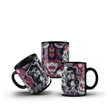 Imagem de Caneca Preta Porcelana Caveira Mexicana + Caixinha - RYLLO